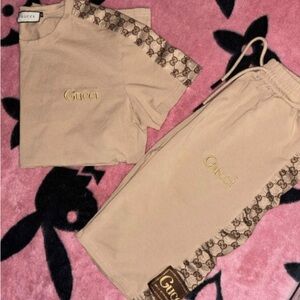 Gucci Beige Logo T-Shirt and Shorts Ensemble